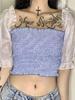 Frauen Crop Top Hell Himmelblau Rückenloser Juwelenhals Sexy Farbblock Plissee Kurzarm Tüll Tops