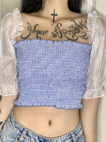 Frauen Crop Top Hell Himmelblau Rückenloser Juwelenhals Sexy Farbblock Plissee Kurzarm Tüll Tops