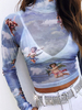 Frauen Crop Top Light Sky Blue High Collar Langarm Casual Angel Print Sheer Tops