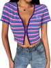 Frauen Crop Top Lila Streifen Reißverschluss V-Ausschnitt Kurzarm Casual Tops