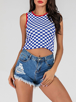 Frauen Crop Top Plaid Jewel Ansatz beiläufige Ärmel Gestrickte Tops