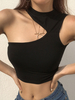 Frauen Crop Top Schwarz asymmetrische Ärmel Sexy Tops