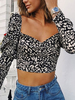 Frauen Crop Top schwarz Leopardenmuster rückenfrei plissiert V-Ausschnitt lange Ärmel lässig Tops