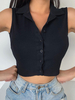 Frauen Crop Top Schwarz Turndown Kragen Casual Buttons Ärmellose Baumwollmischung Tops