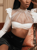 Frauen Crop Top Weiß Langarm Sheer Rüschen Sexy Tops