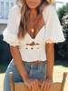 Frauen Crop Top Weiß mit Puffärmeln Ausschnitt Bowknot Sommer Tops