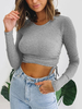 Frauen Crop Top Weiß Polyester Baumwolle Schnürung Jewel Neck Lange Ärmel Grau Casual Tops