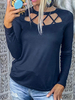 Frauen Deep Blue Langarm T-Shirt Polyester Cut Out Jewel Neck Shirt