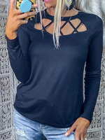 Frauen Deep Blue Langarm T-Shirt Polyester Cut Out Jewel Neck Shirt