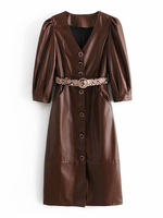 Frauen Deep Brown Bodycon Kleider V-Ausschnitt Langarm PU-Leder Bleistiftkleid
