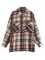 Frauen Deep Brown Woolen Plaid Shirt Jacke Turndown Kragen Langarm Polyester Long Shirt Jacke Oberbekleidung