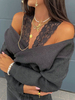 Frauen Deep Grey Pullover Pullover Spitze V-Ausschnitt Langarm Unregelmäßige Polyester Pullover