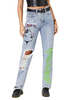 Frauen Denime Hosen Hell Himmelblaue Knöpfe Cowboy Unregelmäßig Hochgezogene Taille Hose Tapered Fit Jeans