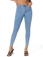 Frauen Denime Hosen Hell Himmelblaue Knöpfe Cowboy Unregelmäßig Hochgezogene Taille Hose Tapered Fit Jeans