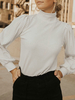 Frauen Ecru Weiß Langarm T-Shirt Polyester Layered Buttons High Collar Top