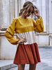 Frauen Etuikleider Orange Langarm Color Block Jewel Neck Übergroßes Röhrenkleid Lässiges Midikleid
