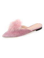 Frauen Flache Maultiere Rosa Samt Spitze Zehe Backless Mule Schuhe Mit Pom Poms