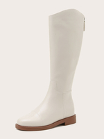 Frauen flache mittlere Kalbsstiefel Eric-weiße PU-Leder-runde Zeh-Stiefel