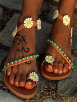 Frauen Flache Sandalen Offene Zehen Flache Ferse Slip On PU Leder Blumen Flacher Slipper
