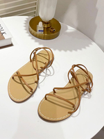 Frauen flache Sandalen runde Zehen flacher Absatz PU-Leder lässige Schnürsandalen