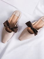 Frauen Flat Mules Leder Square Toe Bow Slip-On Rutschschuhe