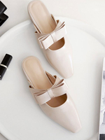 Frauen Flat Mules Light Aprikose Leder Square Toe Bow Slip-On Slide Schuhe