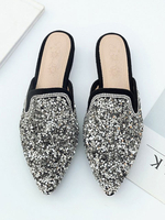 Frauen Flat Mules Pailletten Silber Pointed Toe Slip On Slide Schuhe