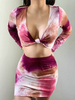 Frauen Fuchsia Pink Zweiteilige Sets Polyester Knotted Tie Dye Fall Langarm V-Ausschnitt Outfit