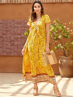 Frauen Gelb Maxikleider Kurzarm Blumendruck V-Ausschnitt Polyester Langes Kleid