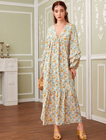 Frauen Gelb Maxikleider Langarm Blumendruck V-Ausschnitt Polyester Langes Kleid