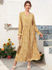 Frauen Gelb Maxikleider Langarm Flora Bedrucktes V-Ausschnitt Polyester Langes Kleid