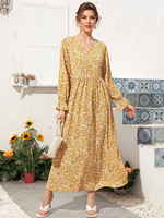 Frauen Gelb Maxikleider Langarm Flora Bedrucktes V-Ausschnitt Polyester Langes Kleid