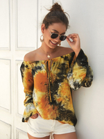 Frauen gelbe Bluse Flora bedruckte Bateau Neck Langarm Polyester Casual Tops