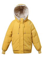 Frauen gelbe Kapuze Wintermäntel Langarm Kordelzug Design Puffer Mäntel