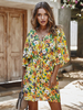 Frauen Gelbes Sommerkleid Blumenmuster Baumwolle Strandkleid Halbarm Midi Tunika Kleid