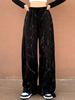 Frauen Gerade Hosen Black Taschen Polyester Angehobene Taille gedruckt breite Hose