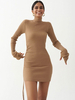 Frauen Gestricktes Kleid Kamel Lace Up Polyester Lange Ärmel Cabrio High Collar Pullover Midi Kleid