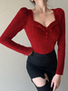 Frauen Gothic Bluse Burgund Elegant Polyester Vierkanthals Langarm Sexy Top