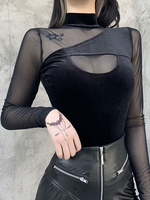Frauen Gothic Bluse Schwarz Polyester High Collar Langarm Sexy Tops