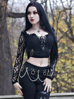 Frauen Gothic Bluse Schwarz Schnürung Langes Spitzenärmel Polyester Gothic Shirt