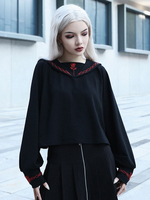 Frauen Gothic Bluse Schwarz Sexy Polyester Langarm Seemann Kragen Top