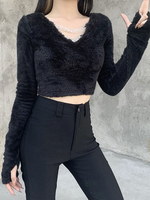 Frauen Gothic Bluse Schwarz V-Ausschnitt Langarm Polyester Sexy Top