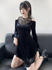 Frauen Gothic Bodycon Kleid Schwarze Spitze Kurzarm Jewel Neck Baumwolle Midi Kleid