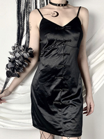 Frauen Gothic Cami Kleid Schwarz Matte Satin Träger Hals Sexy Tunika Kleid