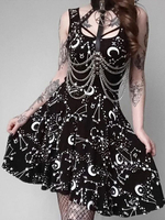 Frauen Gothic Cami Kleid Schwarz Schnürung U-Ausschnitt Ärmellos Sexy Polyester Tunika Midi Kleid