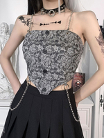 Frauen Gothic Cami Top Grau Backless Ärmellose Spitzenketten Metalldetails Gothic Polyester Sexy Camis