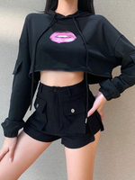 Frauen Gothic Hoodies Black Cotton Jewel Neck Retro Top