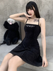 Frauen Gothic Kleid Black Straps Neck Polyester Slip Kleid Gothic Midi Kleid