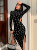 Frauen Gothic Kleid Schwarz High Collar Langarm Polyester Bodycon Kleid