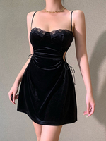 Frauen Gothic Kleid Schwarz Plissee Gothic Korean Samt Midikleid